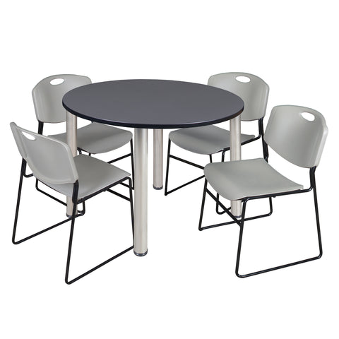Regency Kee 36 in Round Breakroom Table Top Black Legs 4 Zeng Stack Chairs