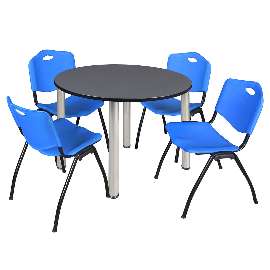 Regency Kee 36 in Round Breakroom Table Top Black Legs 4 M Stack Chairs