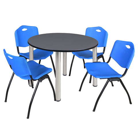 Regency Kee 36 in Round Breakroom Table Top Black Legs 4 M Stack Chairs