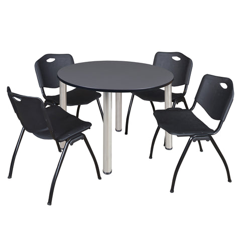 Regency Kee 36 in Round Breakroom Table Top Black Legs 4 M Stack Chairs