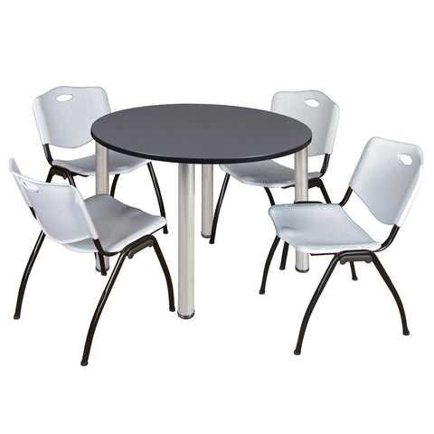 Regency Kee 36 in Round Breakroom Table Top Black Legs 4 M Stack Chairs