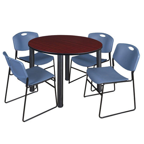 Regency Kee 36 in Round Breakroom Table Top Black Legs 4 Zeng Stack Chairs