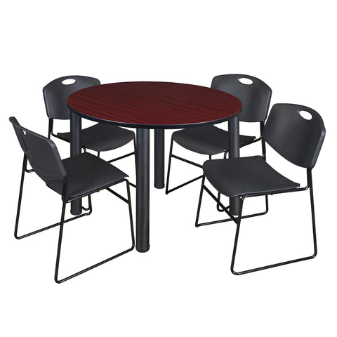 Regency Kee 36 in Round Breakroom Table Top Black Legs 4 Zeng Stack Chairs