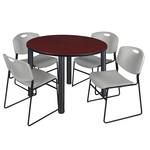 Regency Kee 36 in Round Breakroom Table Top Black Legs 4 Zeng Stack Chairs