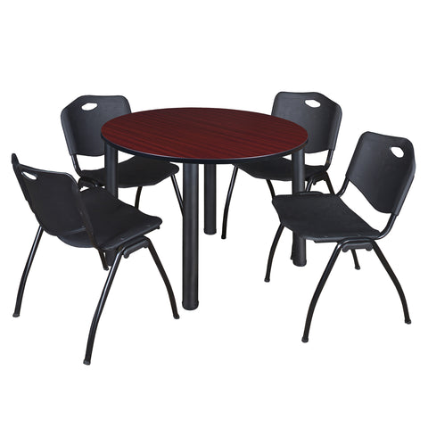 Regency Kee 36 in Round Breakroom Table Top Black Legs 4 M Stack Chairs