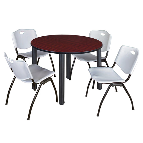 Regency Kee 36 in Round Breakroom Table Top Black Legs 4 M Stack Chairs