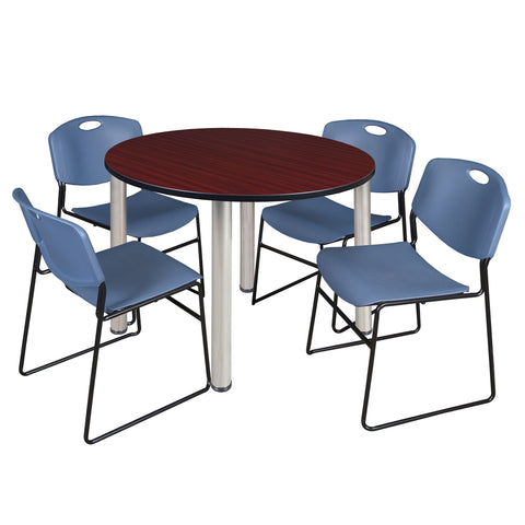Regency Kee 36 in Round Breakroom Table Top Black Legs 4 Zeng Stack Chairs