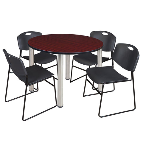 Regency Kee 36 in Round Breakroom Table Top Black Legs 4 Zeng Stack Chairs
