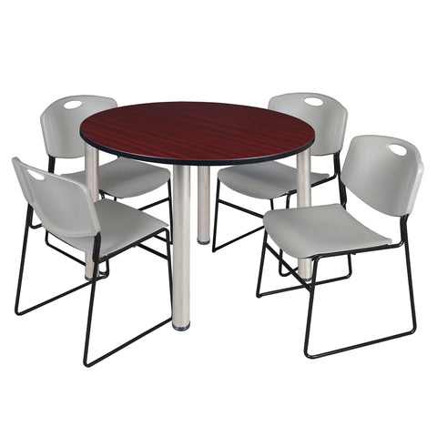 Regency Kee 36 in Round Breakroom Table Top Black Legs 4 Zeng Stack Chairs