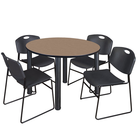 Regency Kee 36 in Round Breakroom Table Top Black Legs 4 Zeng Stack Chairs