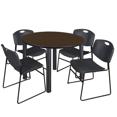 Regency Kee 36 in Round Breakroom Table Top Black Legs 4 Zeng Stack Chairs