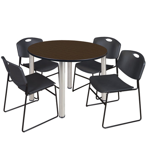 Regency Kee 36 in Round Breakroom Table Top Black Legs 4 Zeng Stack Chairs