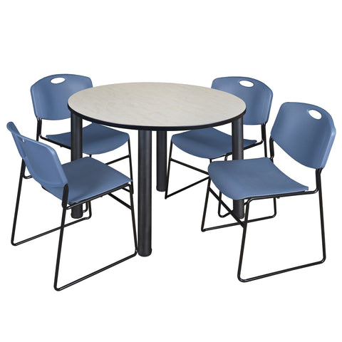 Regency Kee 36 in Round Breakroom Table Top Black Legs 4 Zeng Stack Chairs