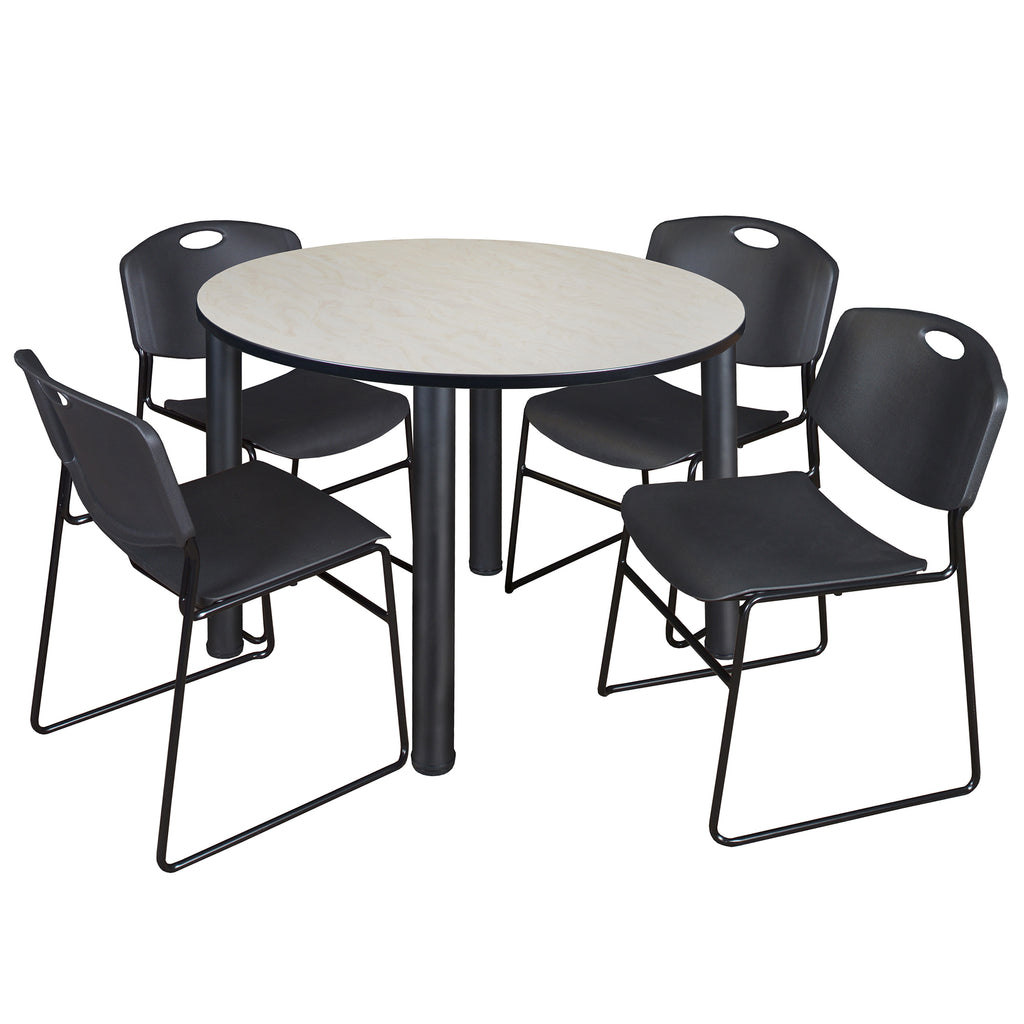 Regency Kee 36 in Round Breakroom Table Top Black Legs 4 Zeng Stack Chairs