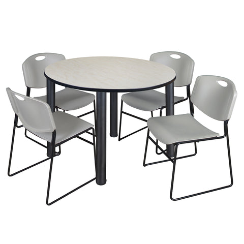 Regency Kee 36 in Round Breakroom Table Top Black Legs 4 Zeng Stack Chairs