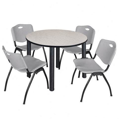 Regency Kee 36 in Round Breakroom Table Top Black Legs 4 M Stack Chairs