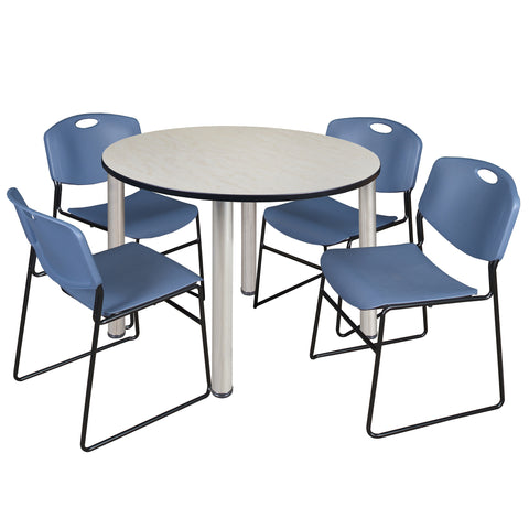Regency Kee 36 in Round Breakroom Table Top Black Legs 4 Zeng Stack Chairs