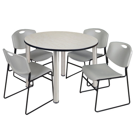 Regency Kee 36 in Round Breakroom Table Top Black Legs 4 Zeng Stack Chairs