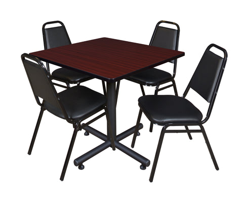 Regency Kobe 30 in. Square XBase Breakroom Table 4 Restaurant Stack Chairs Black