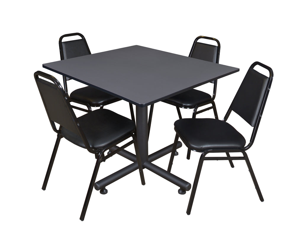 Regency Kobe 30 in. Square XBase Breakroom Table 4 Restaurant Stack Chairs Black
