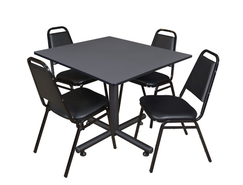 Regency Kobe 30 in. Square XBase Breakroom Table 4 Restaurant Stack Chairs Black