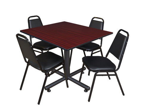 Regency Kobe 30 in. Square XBase Breakroom Table 4 Restaurant Stack Chairs Black