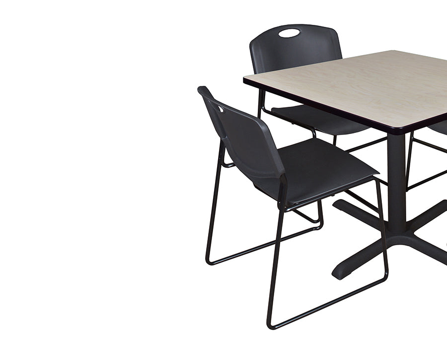 Black Zeng Stackable chairs with a 36 inch cain beige breakroom table