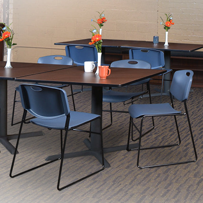 mahogany Breakroom table with an x base and Zeng Blue stackable chairs