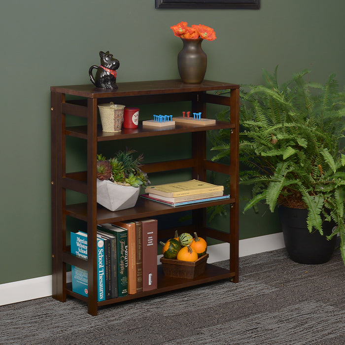 4 shelf folding bookcase with books and pots in a modern home office