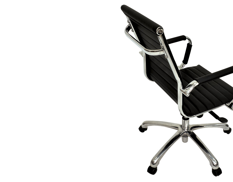 Black leather swivel chair with chrome arms and legs