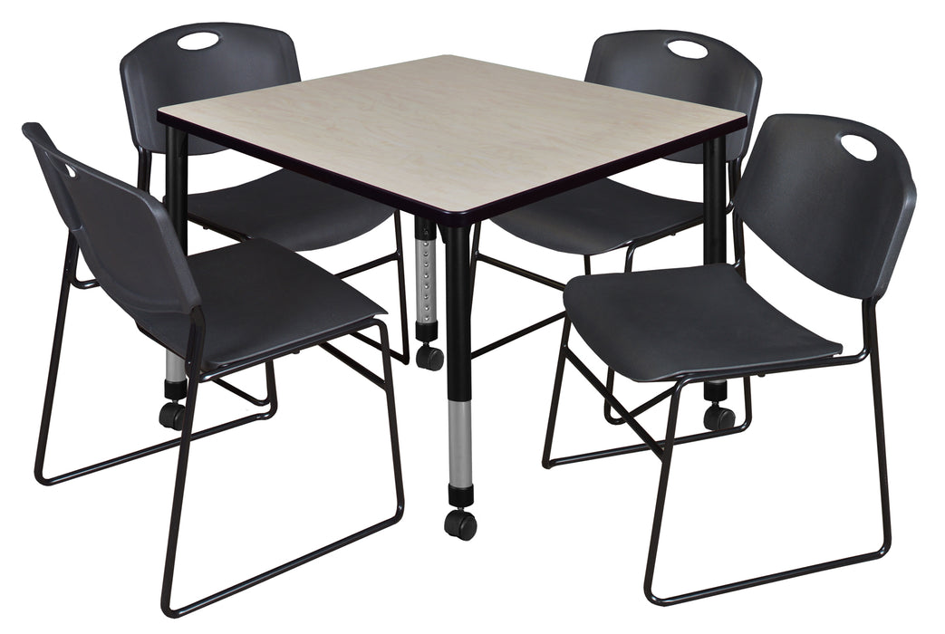 Kee 36" Square Height Adjustable Mobile Classroom Table & 4 Zeng Stack Chairs