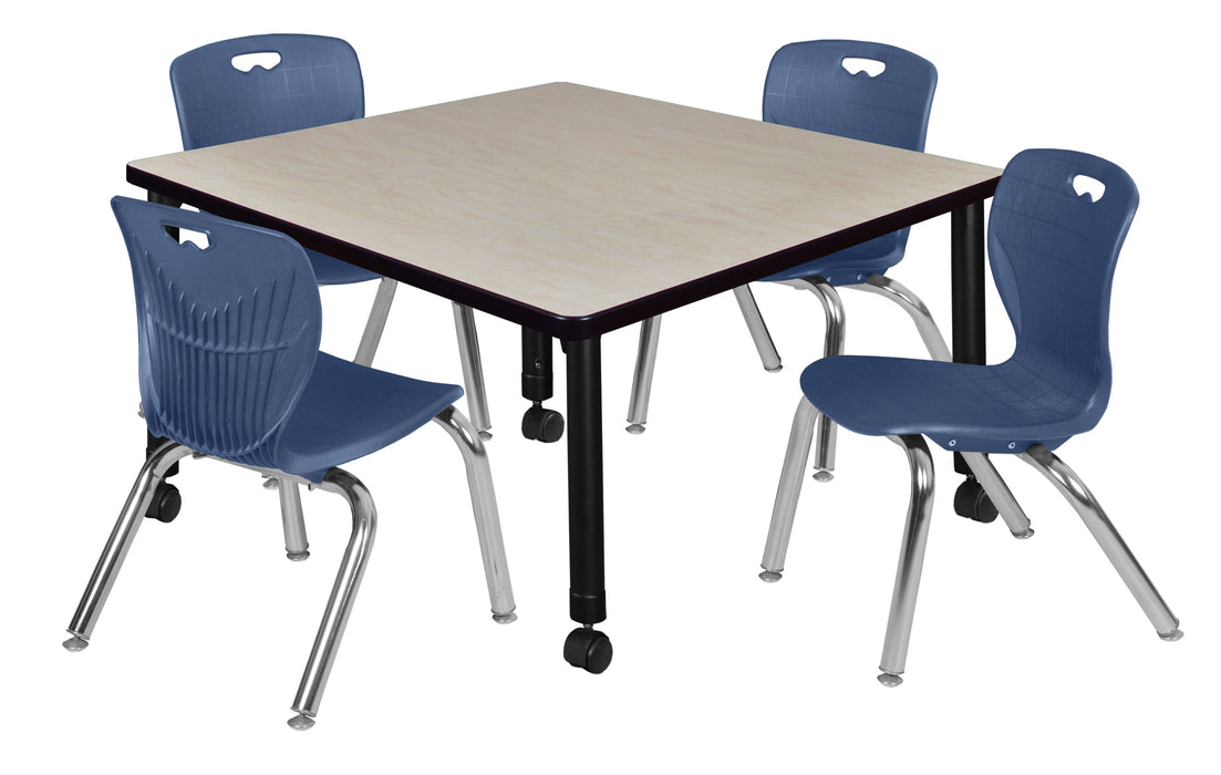 Kee 36" Square Height Adjustable Mobile Classroom Table & 4 Andy 12-in Stack Chairs