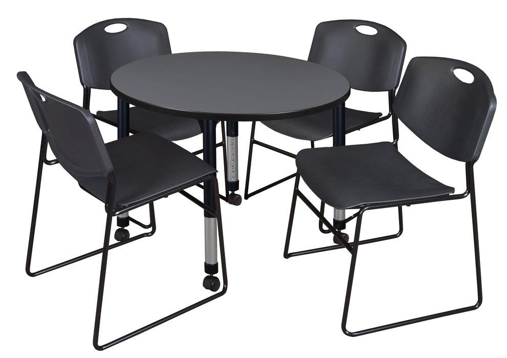 Kee 36" Round Height Adjustable Mobile Classroom Table & 4 Zeng Stack Chairs