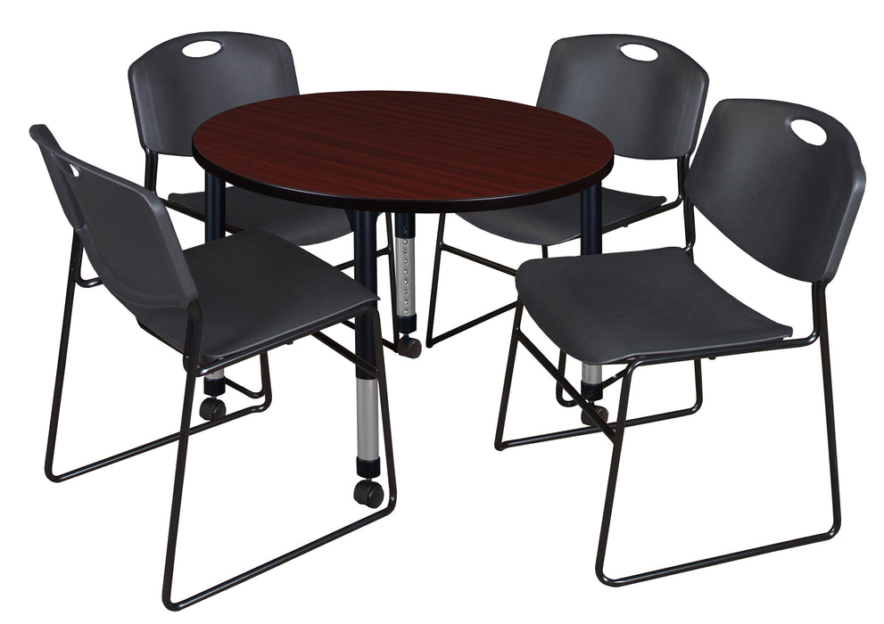Kee 36" Round Height Adjustable Mobile Classroom Table & 4 Zeng Stack Chairs