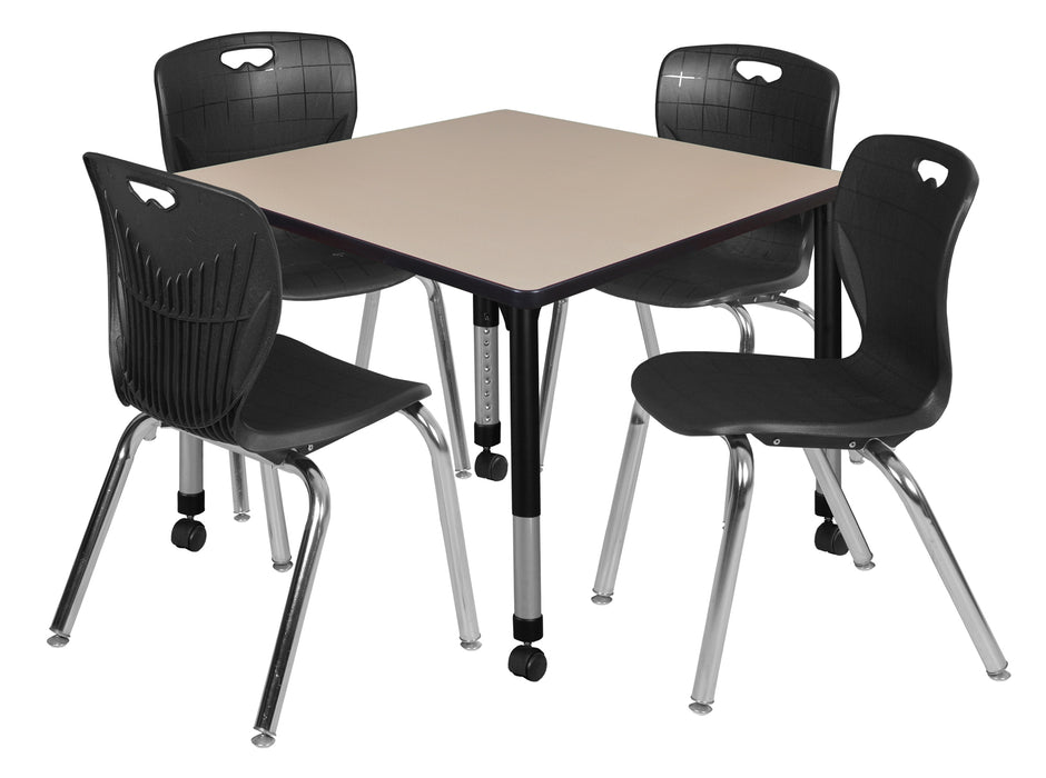 Kee 42" Square Height Adjustable Mobile Classroom Table & 4 Andy 18-in Stack Chairs