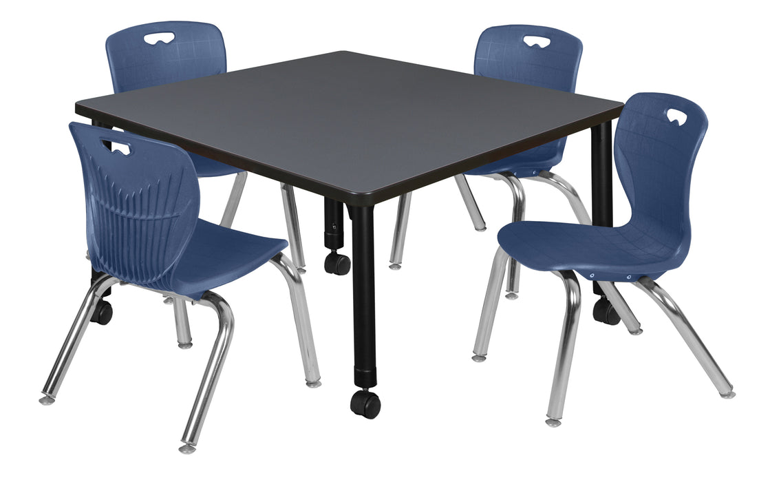 Kee 42" Square Height Adjustable Mobile Classroom Table & 4 Andy 12-in Stack Chairs