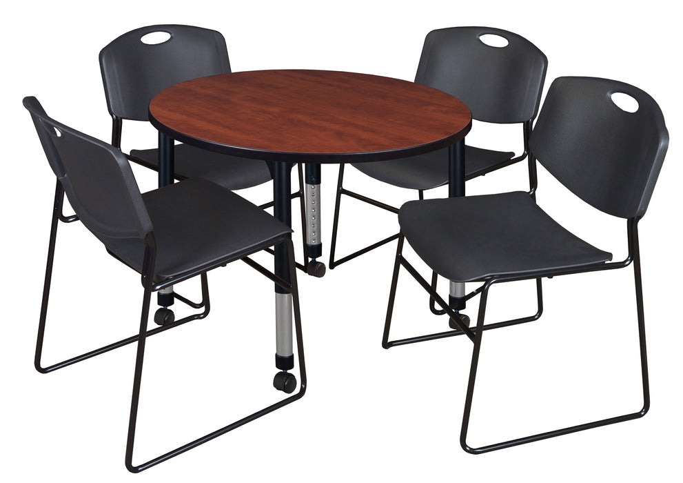 Kee 42" Round Height Adjustable Mobile Classroom Table & 4 Zeng Stack Chairs