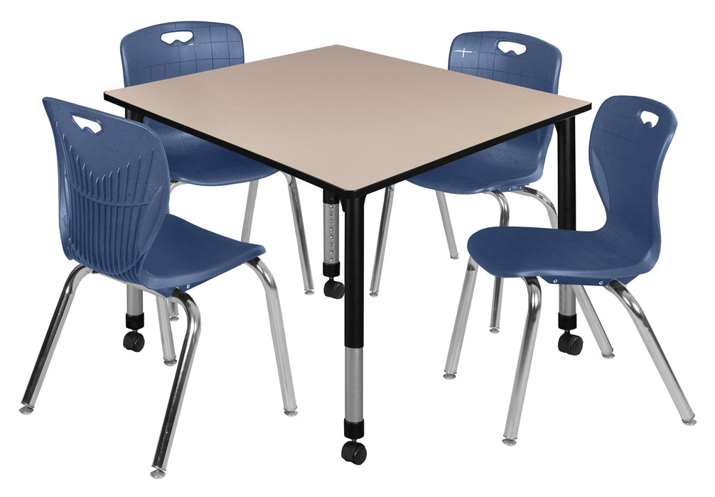 Kee 48" Square Height Adjustable Mobile Classroom Table & 4 Andy 18-in Stack Chairs