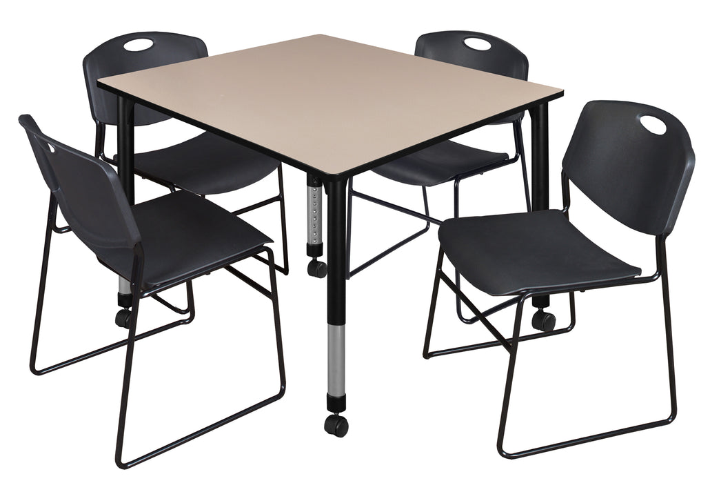 Kee 48" Square Height Adjustable Mobile Classroom Table & 4 Zeng Stack Chairs