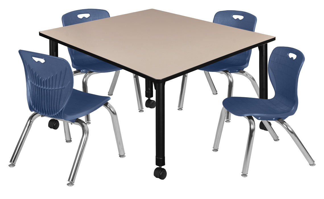 Kee 48" Square Height Adjustable Mobile Classroom Table & 4 Andy 12-in Stack Chairs