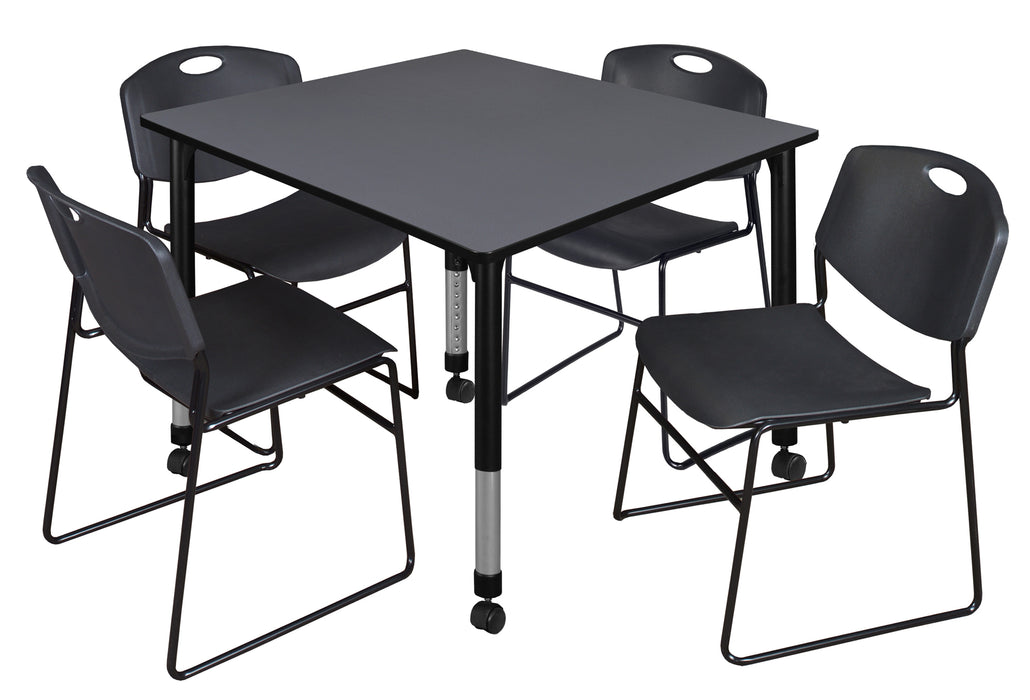 Kee 48" Square Height Adjustable Mobile Classroom Table & 4 Zeng Stack Chairs