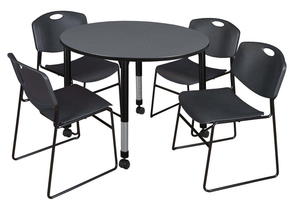 Kee 48" Round Height Adjustable Mobile Classroom Table & 4 Zeng Stack Chairs