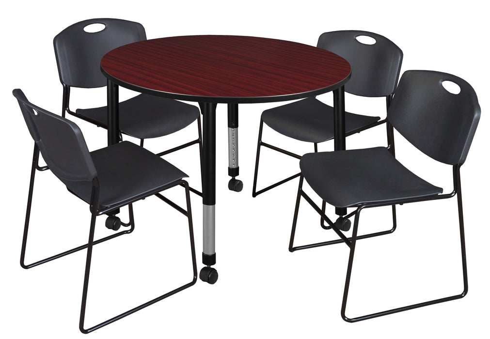 Kee 48" Round Height Adjustable Mobile Classroom Table & 4 Zeng Stack Chairs